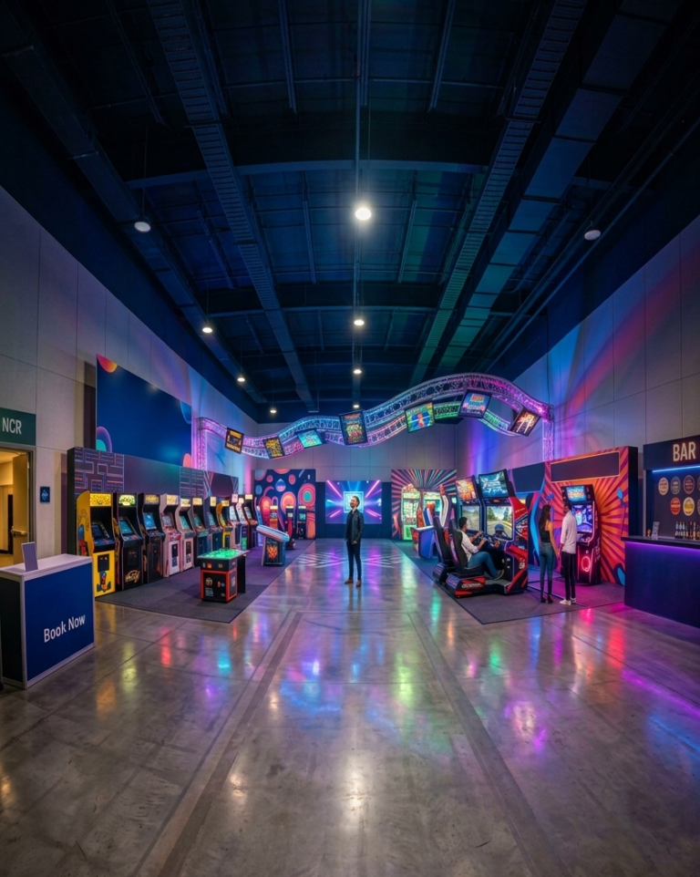 "A spacious event venue featuring a brightly lit arcade game zone setup with classic cabinet games, racing simulators, neon lighting, and polished reflective floors in Delhi NCR."