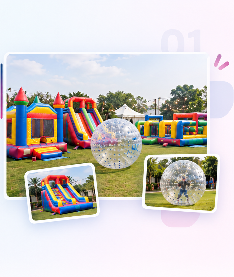 "Inflatable party game rentals setup including a colorful bouncy castle, a tall water slide, and a giant zorbing ball on a green lawn for outdoor events."