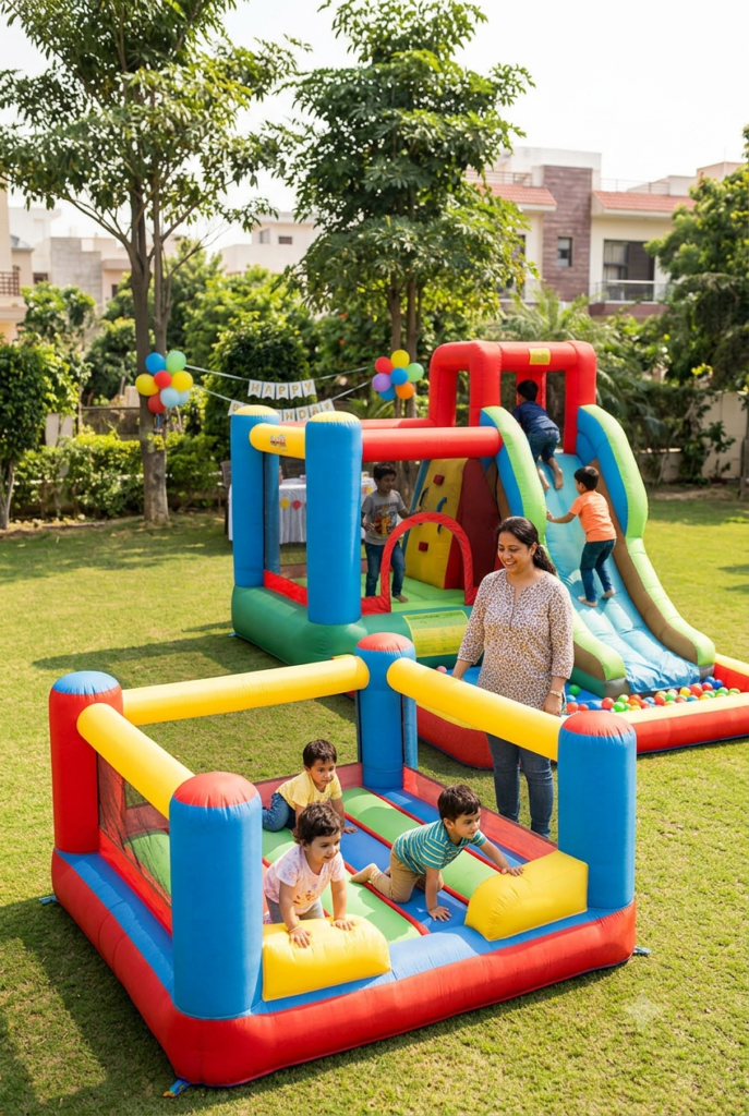 Toddlers playing safely in a low-height inflatable bouncer alongside older kids enjoying a large multi-activity bouncy slide setup in a lawn garden.