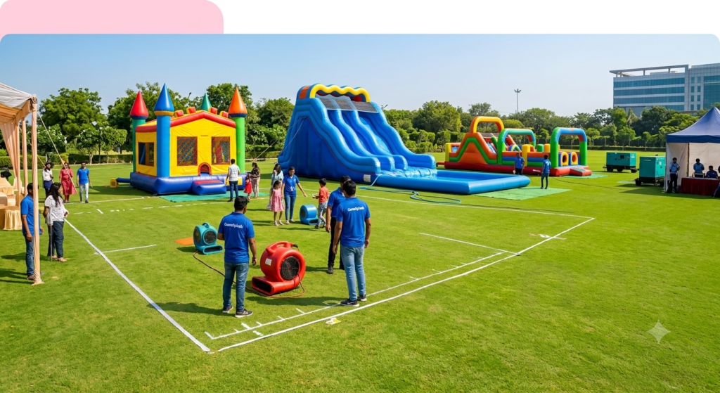 "Open outdoor event lawn in Gurugram prepared for inflatable games on rent with bouncy castle, water slide, and obstacle course layout."
