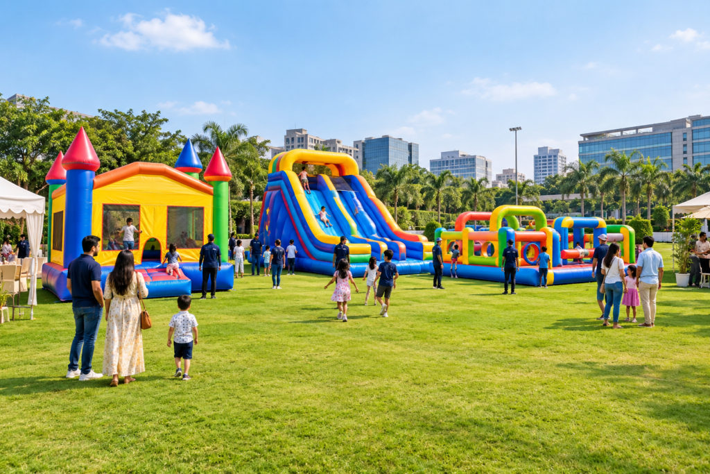 Inflatable games and obstacle courses set up for event rental in Gurugram, Noida, and Delhi NCR