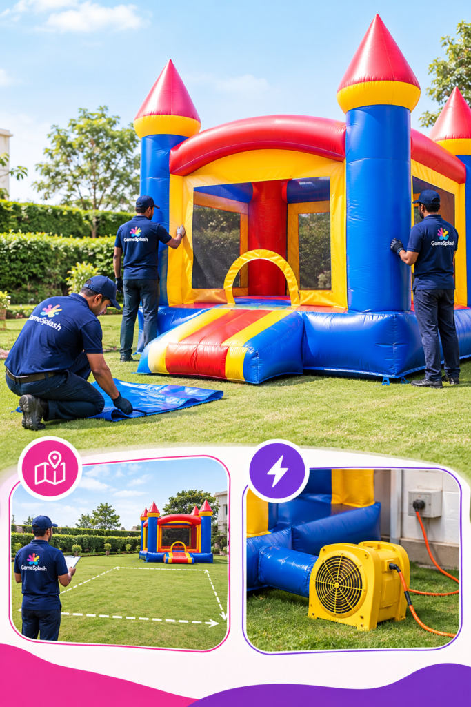 Bouncy castle installation with trained professionals checking venue space, safety anchors, and power supply for inflatable games.