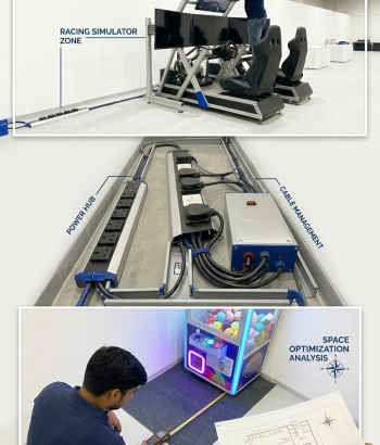 "Technicians performing site floor measurements with a blueprint and organizing heavy-duty power management hubs for arcade racing simulators and claw machines at an event venue."