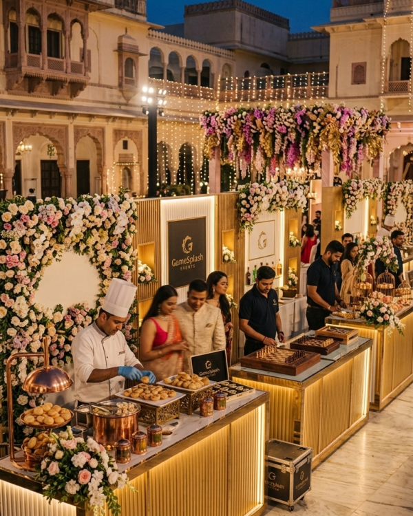 A high-end evening event setup at a luxury heritage venue in Delhi NCR, featuring illuminated fluted display counters with live food catering and interactive tabletop games hosted by uniformed staff