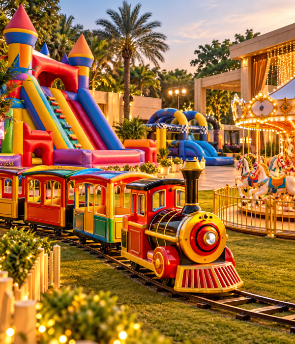 A colorful miniature train, carousel, and inflatable rides have been installed at an open-air carnival ground, depicting children rides on rental basis in Gurugram and Delhi NCR region.