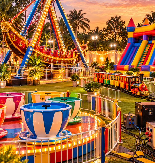Cup Ride and Columbus Ride arranged at outdoor carnival ground along with safety fencing and electrical installations in NCR Delhi.
