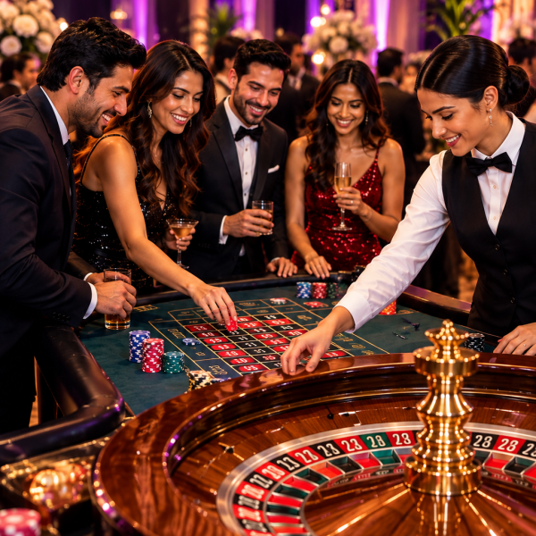 Luxury casino night entertainment featuring a professional dealer, roulette table, colorful chips, and elegantly dressed guests at a glamorous event.