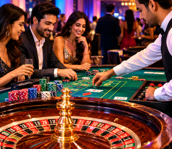 Casino gaming tables of premium category with professional dealer, roulette wheel, colored chips, and elegantly dressed guests playing casino games in a luxurious party in Delhi NCR region.