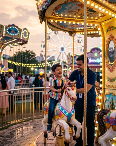 Train, Ferris wheel, Carousel, and Inflatable Slide at outdoor carnival in Gurgaon, Noida and Delhi NCR, showing amusement rides available on hire.