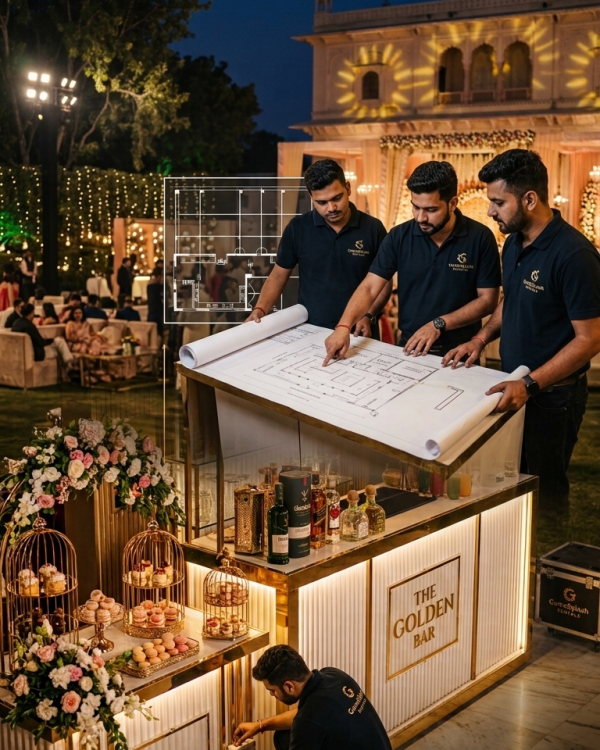 Event management team planning floor layout over a blueprint while setting up an elegant backlit white and gold display counter with power connections for an outdoor venue in Delhi NCR.