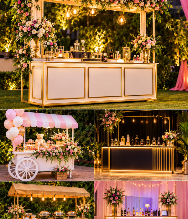 Decorative event stalls and display counters on rent in Noida, Gurugram, and Delhi NCR, including perfume bars, baby entry carts, and food counters.